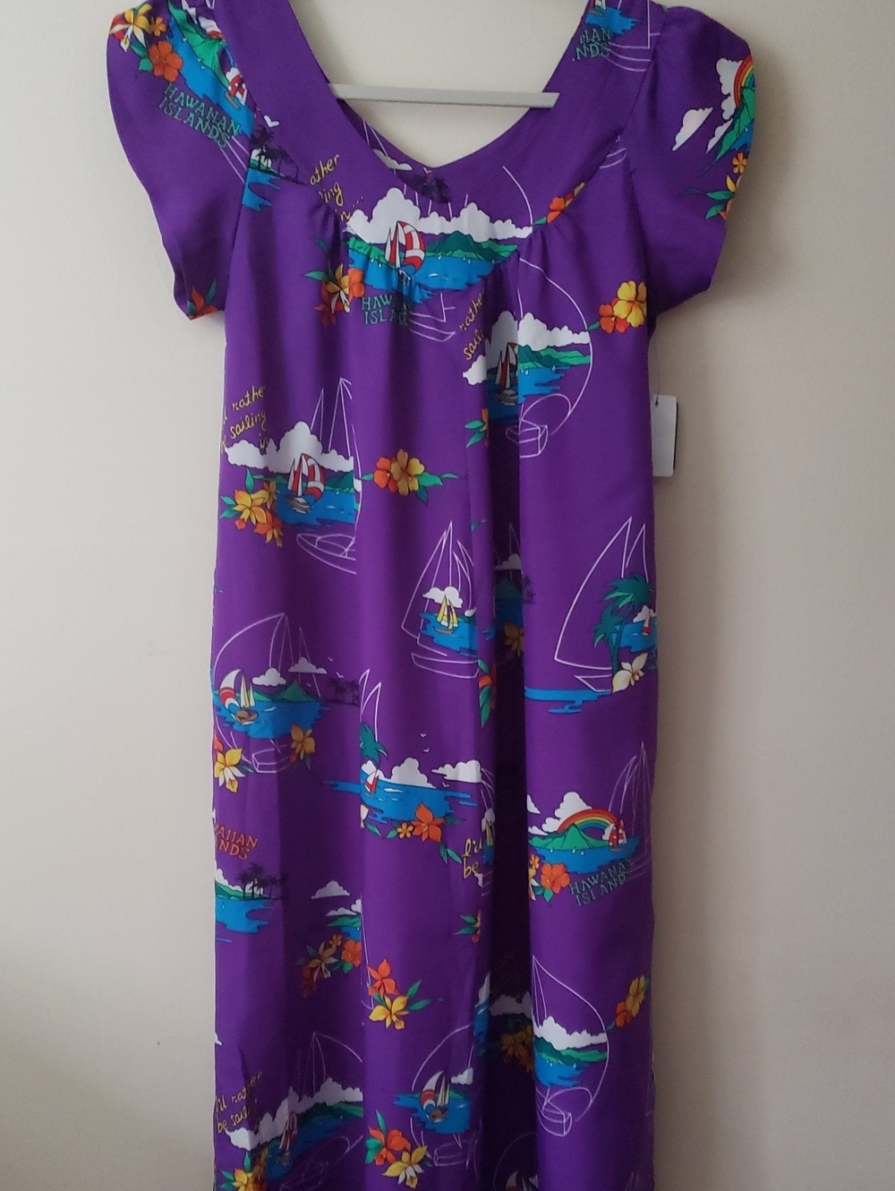 Vintage 60s/70s Poly Purple Hawaiian Print Maxi Dress With Adorable Print!